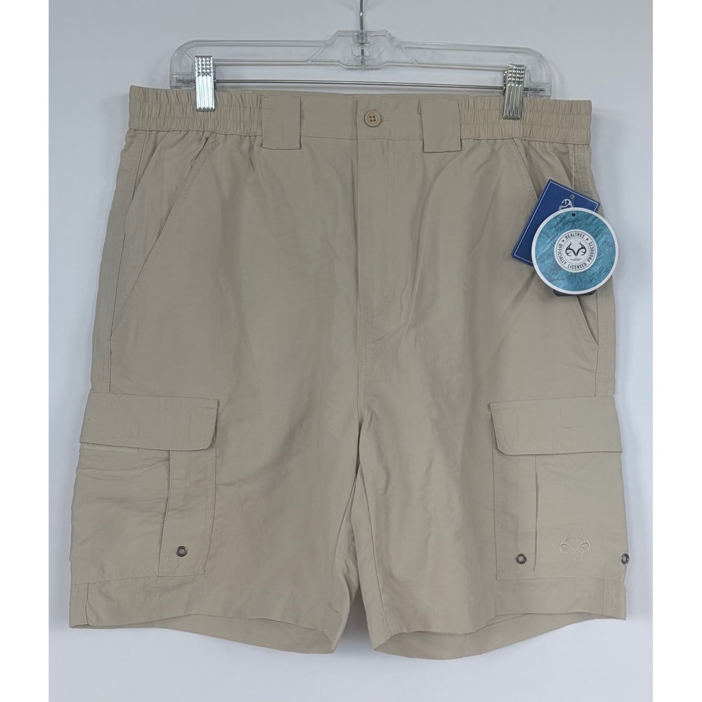 Realtree Fishing Mens Cargo Shorts Large Tan Khaki Outdoor Performance Quick Dry